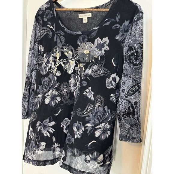 Coldwater Creek  2X Plus Semi Sheer Top Y2K Graphics Sequin Dark Floral - Picture 2 of 10